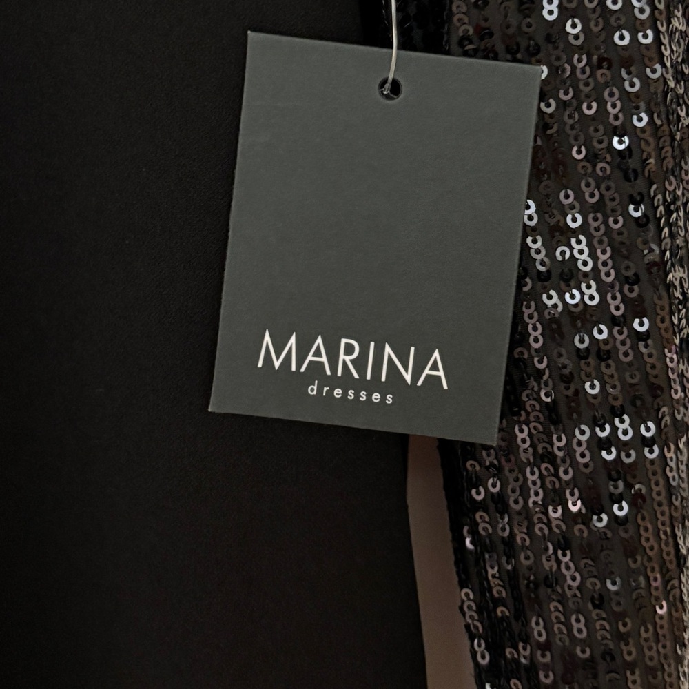 Marina Dresses Black Boatneck Midi Dress Sequin Sleeves V-Cut Back, Size 8 - Picture 5 of 8